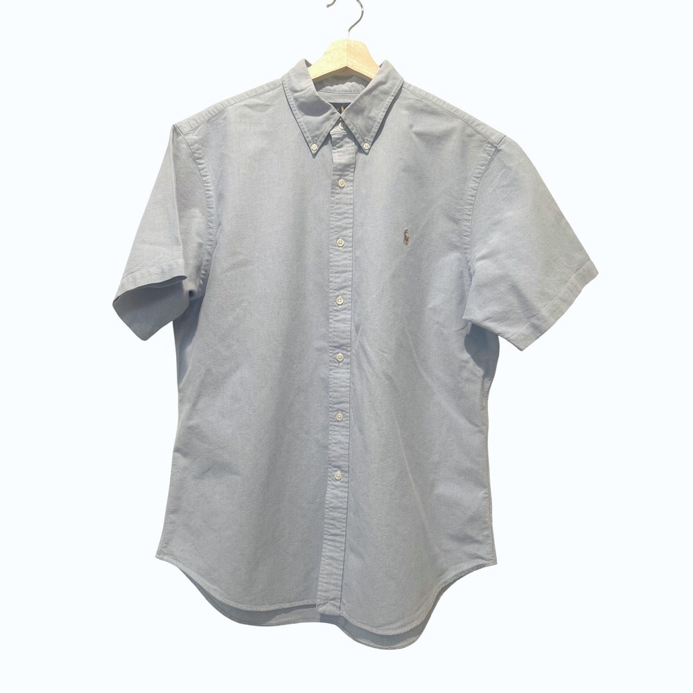 Ralph Lauren Button Down Shirt Blue Slim Fit Oxford Cotton Short Sleeve XL Pony